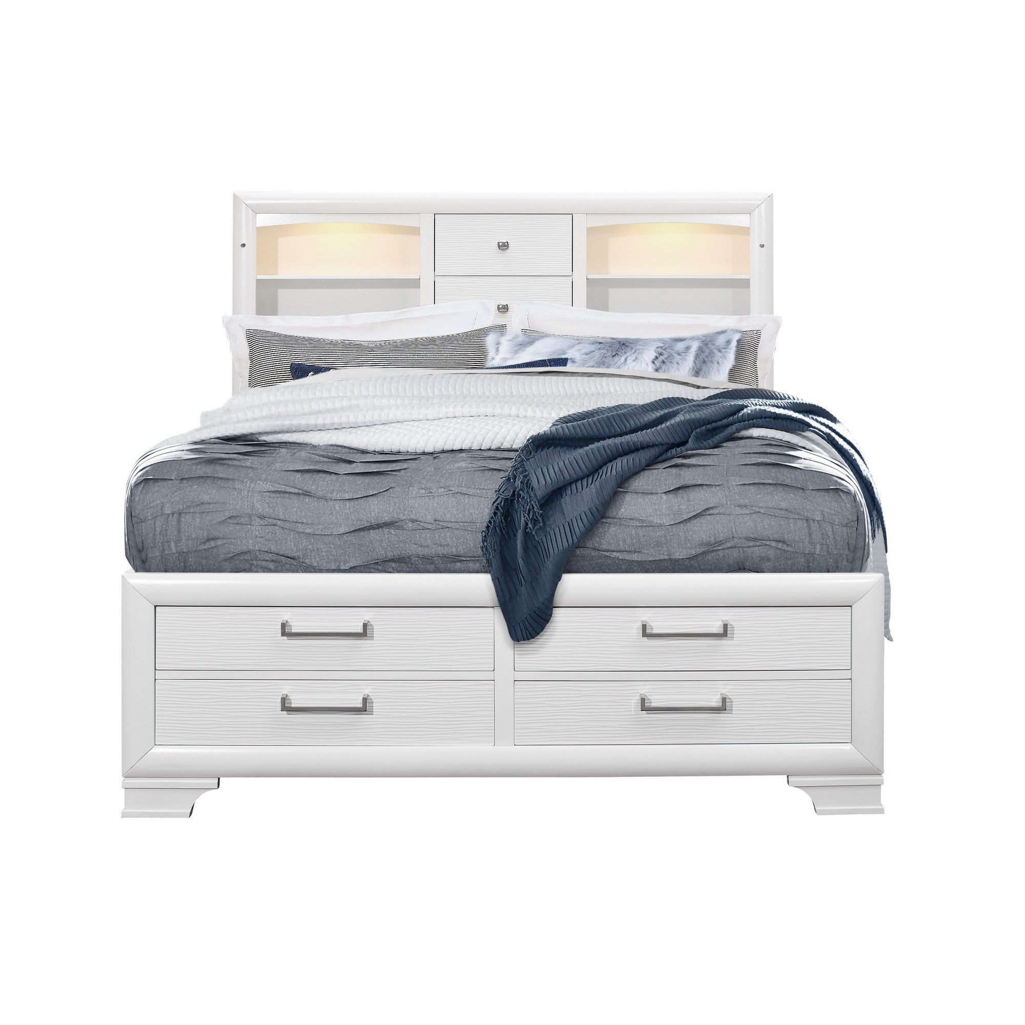 White Rubberwood Queen Bed with bookshelves Headboard  LED lightning  6 Drawers