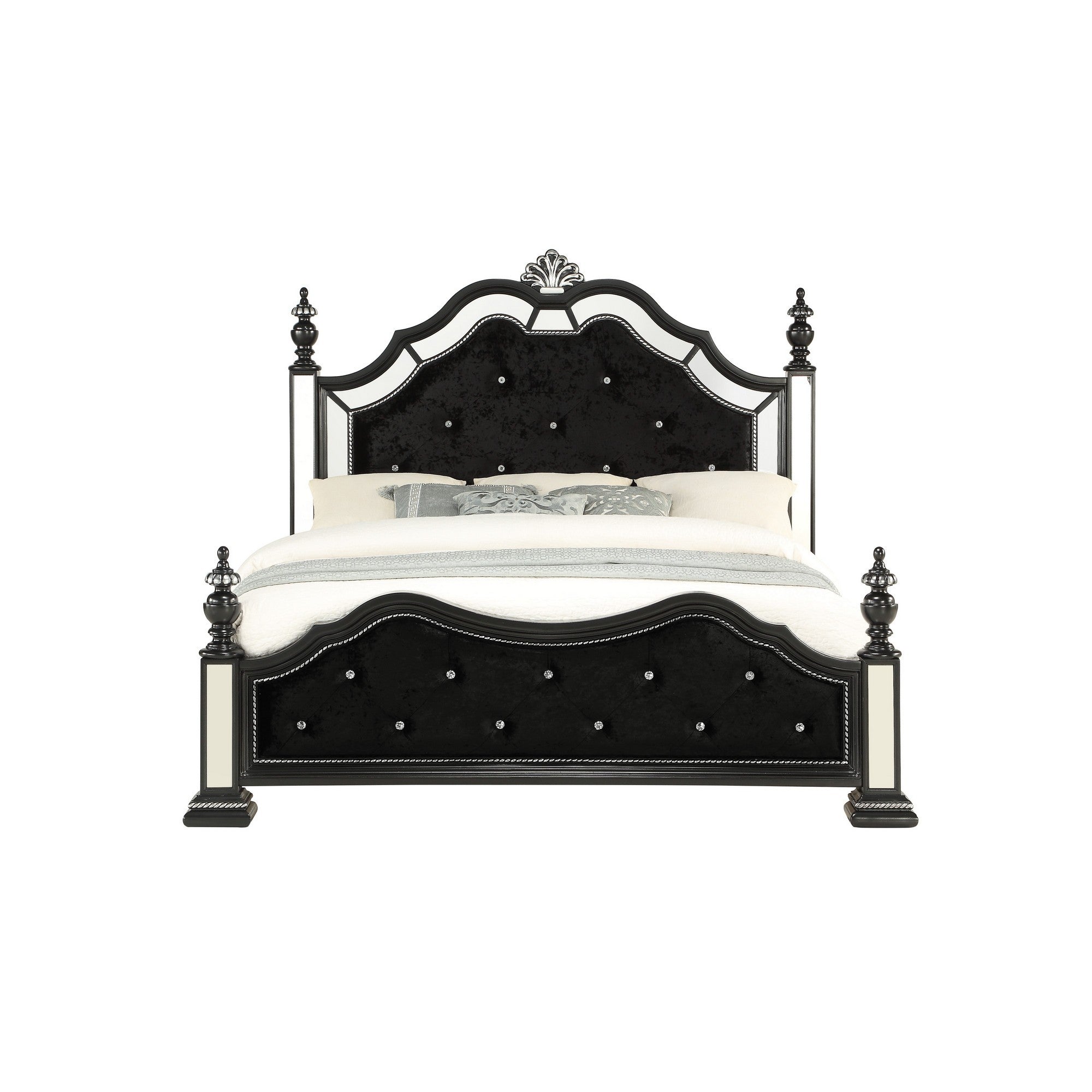 Black Felt finish Full Bed with crystal mirrored embellished