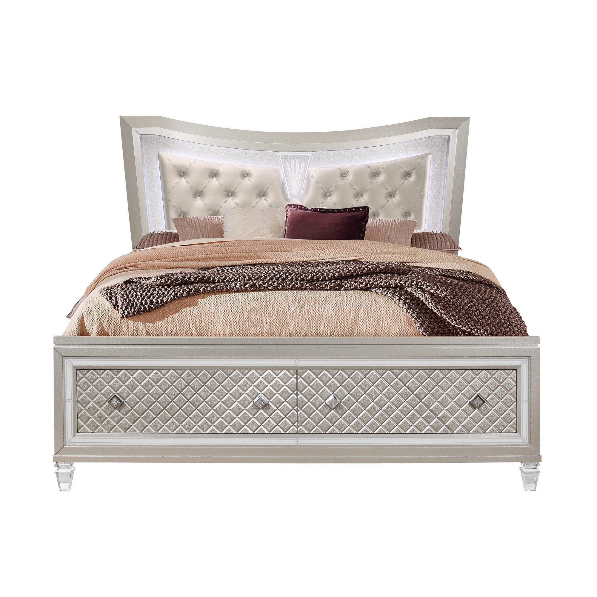 Champagne tone Queen Bed with padded headboard  LED lightning  2 drawer