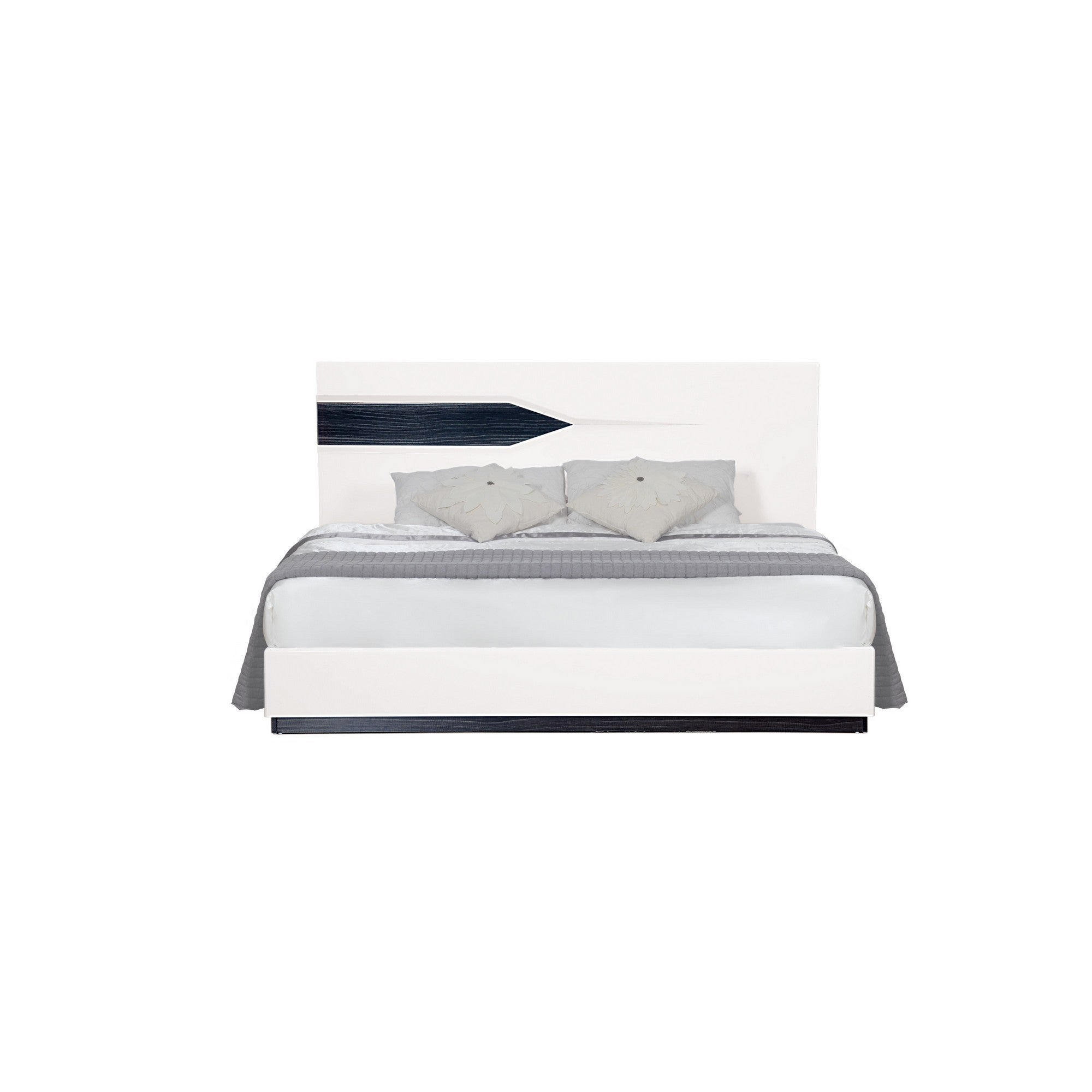 White Tone QueKingen Bed with Dark Grey Zebrano details On Headboard and Bottom Rail Accent