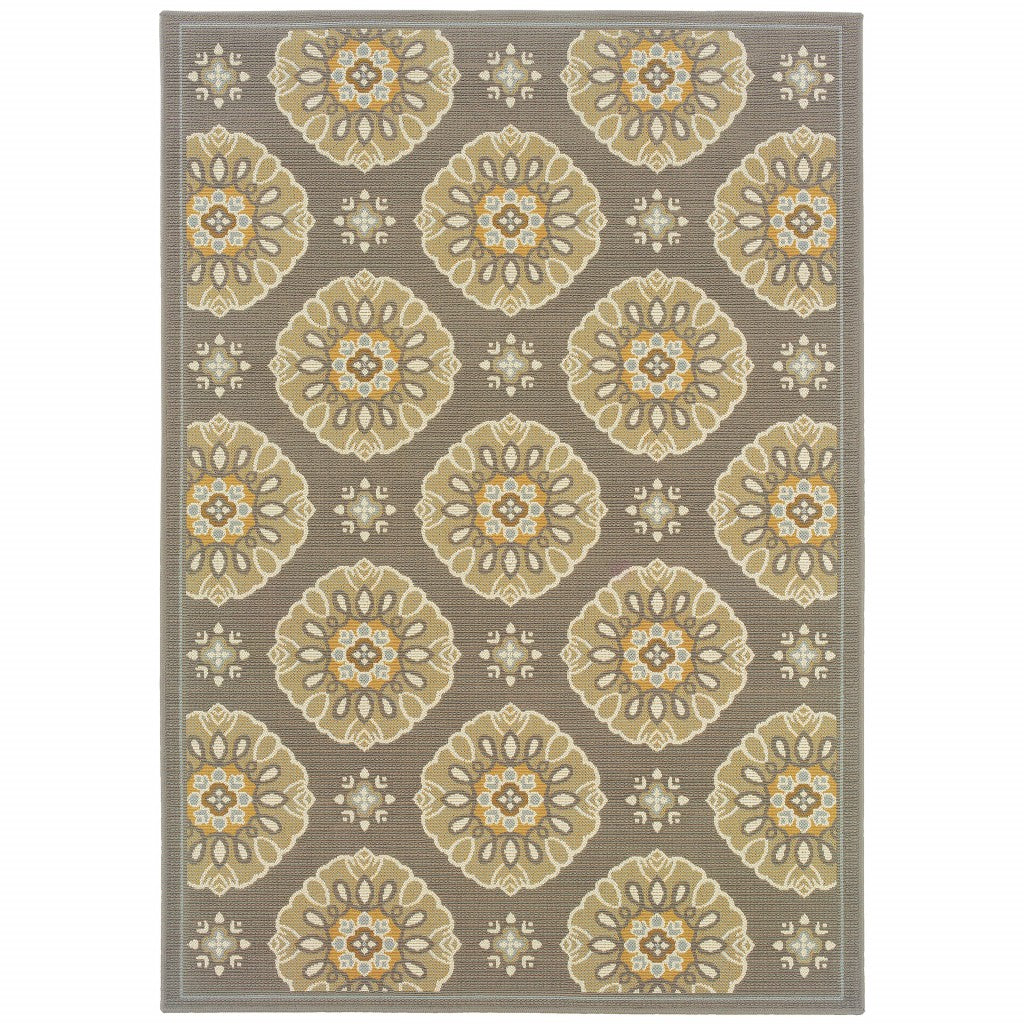 3' x 5' Grey Gold Floral Medallion Discs Indoor Outdoor Area Rug