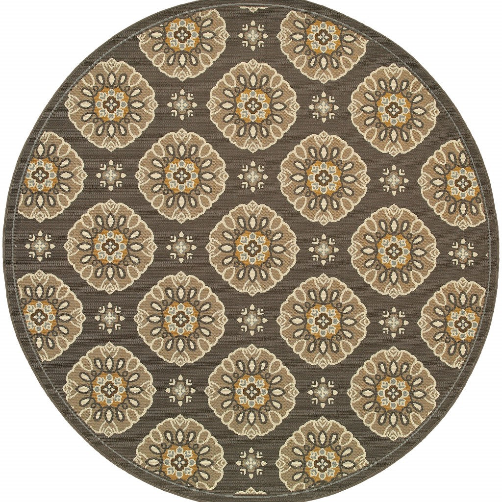 7' Grey Gold Floral Medallion Discs Indoor Outdoor Area Rug