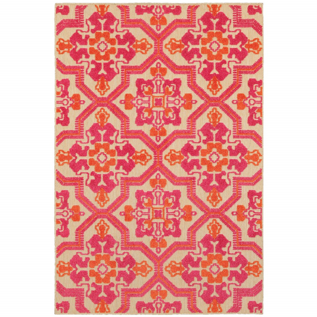 7' x 10' Pink and Orange Medallion Indoor Outdoor Area Rug