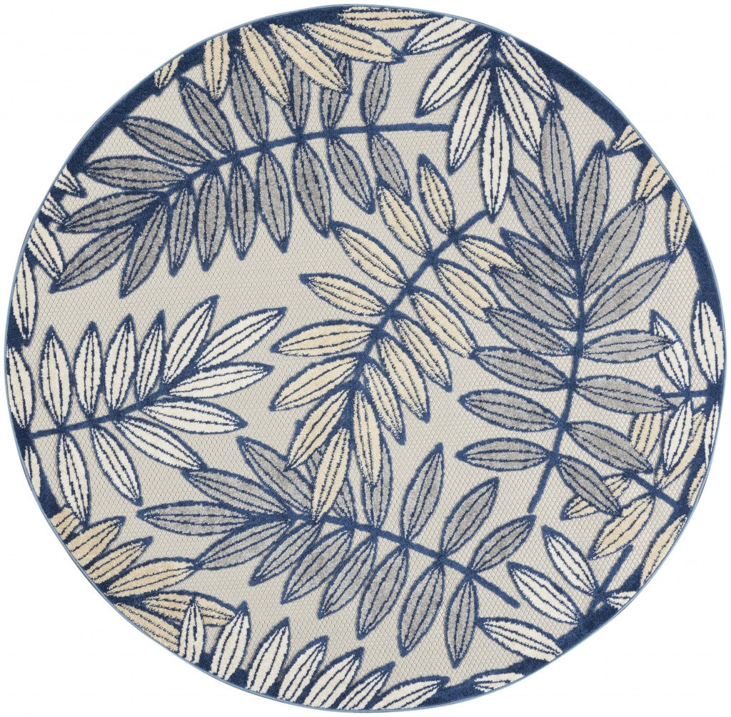 5’ Round Ivory and Navy Leaves Indoor Outdoor Area Rug