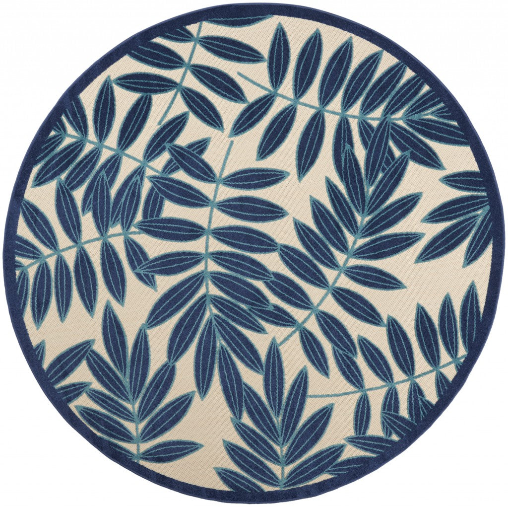 8’ Round Navy and Beige Leaves Indoor Outdoor Area Rug