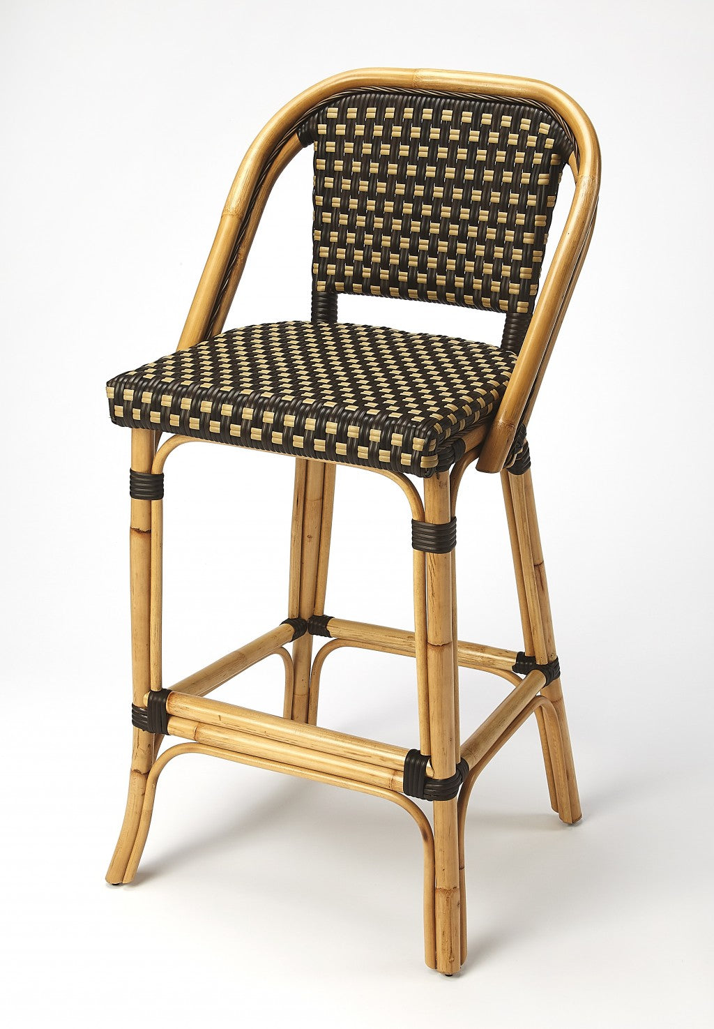 Dark Brown and Beige Rattan Bar Stool