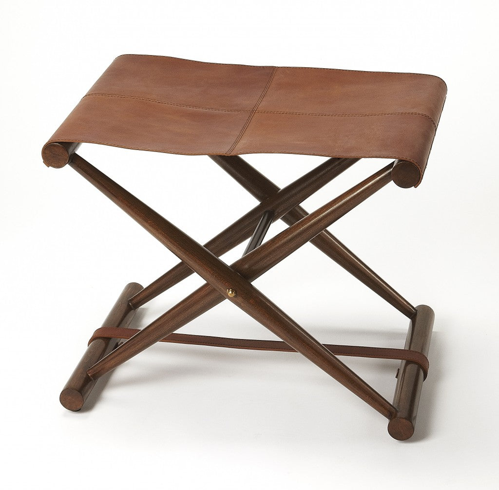 Brown Wood and Leather Portable Stool