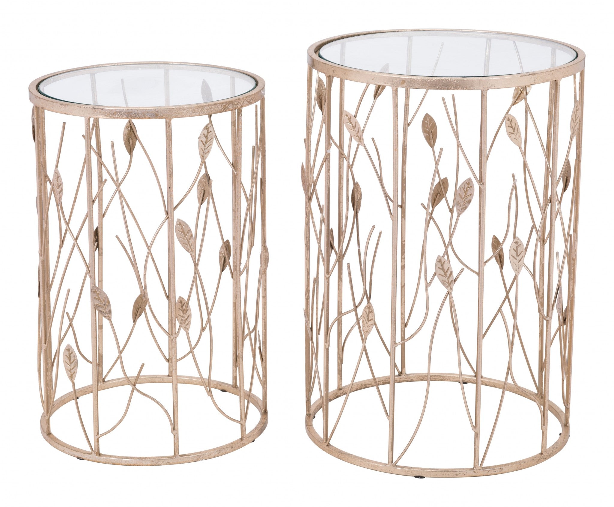 Set of Two Leaf Gold and Glass Side Tables