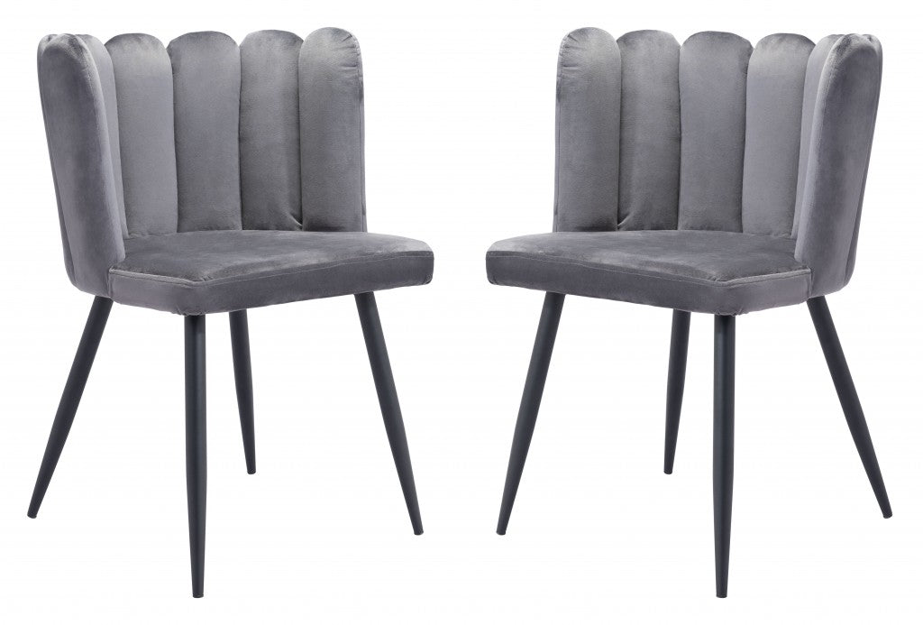 Set of Two Gray Velvet Glam Clam Dining Chairs