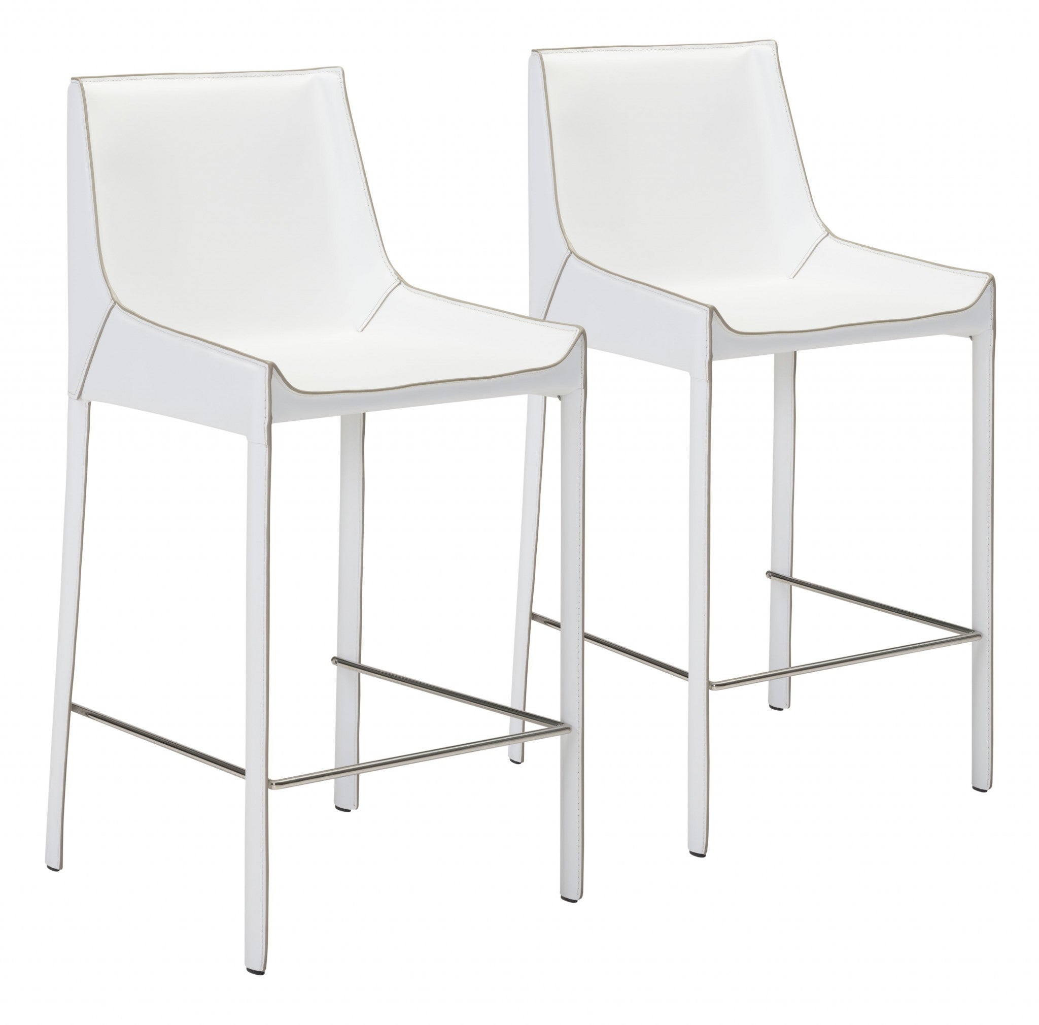 Set of Two White Leather Bar Chairs