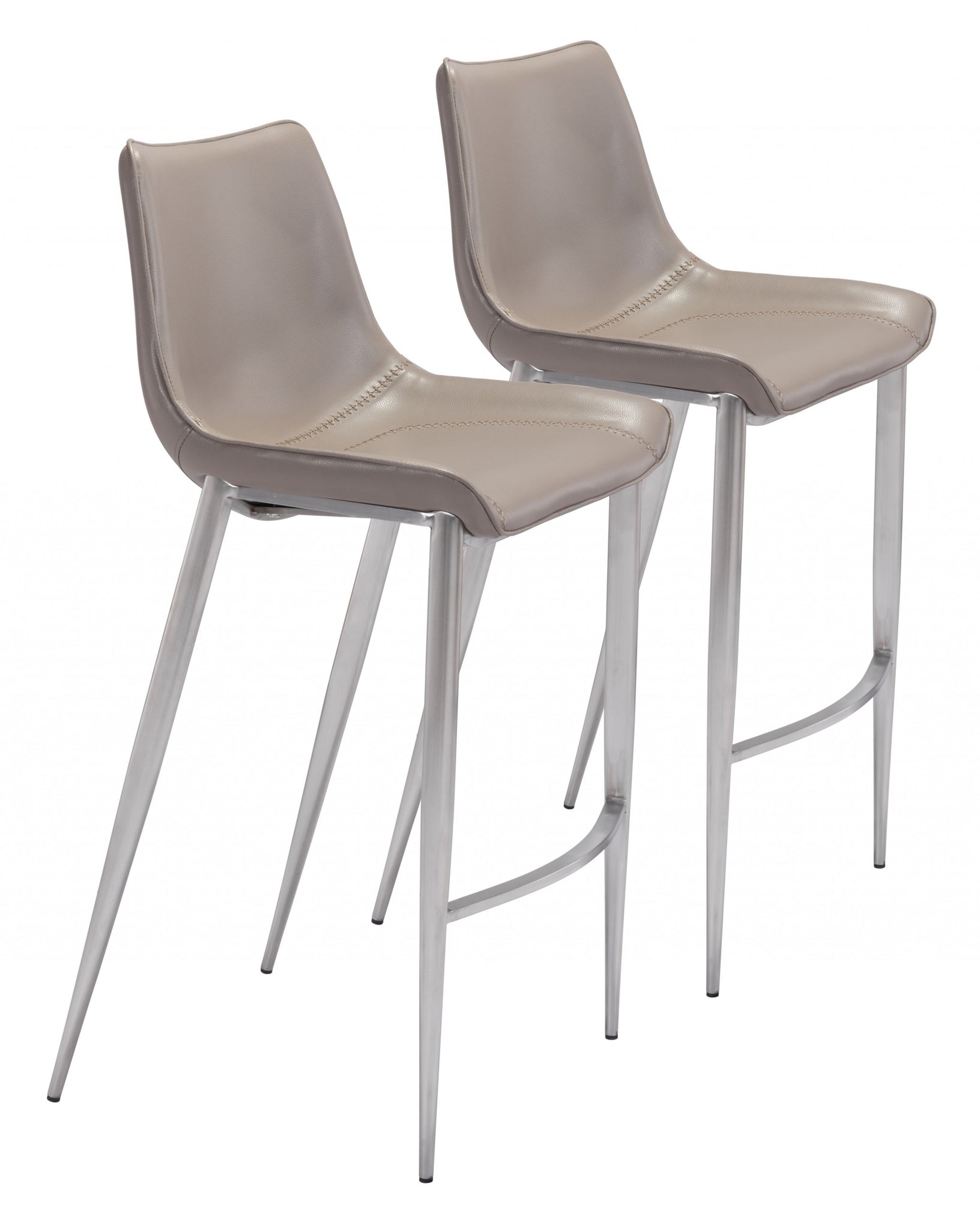 Set of Two Gray Faux Leather and Steel Modern Stitch Bucket Bar Chairs