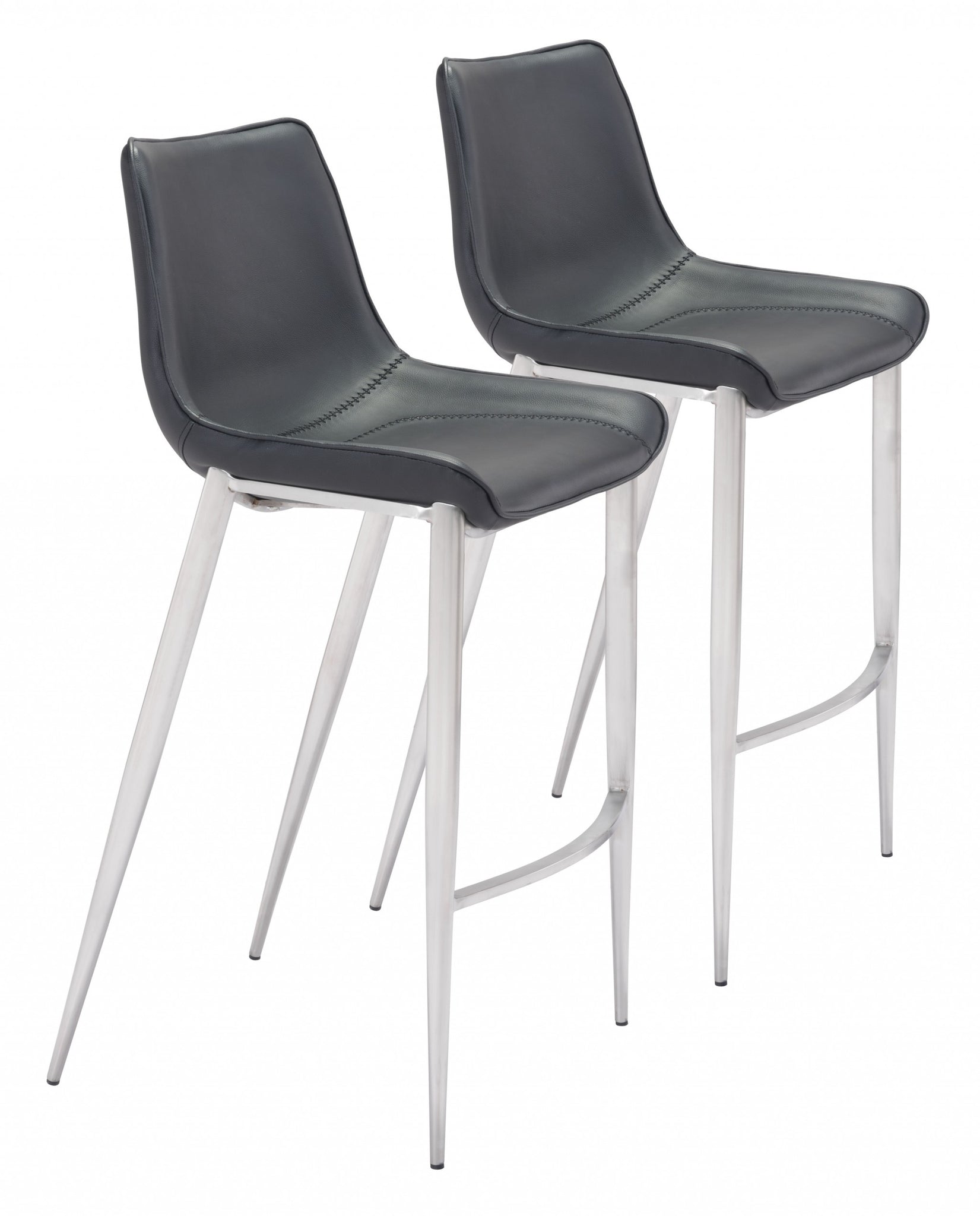 Set of Two Black Faux Leather and Steel Modern Stitch Bucket Bar Chairs