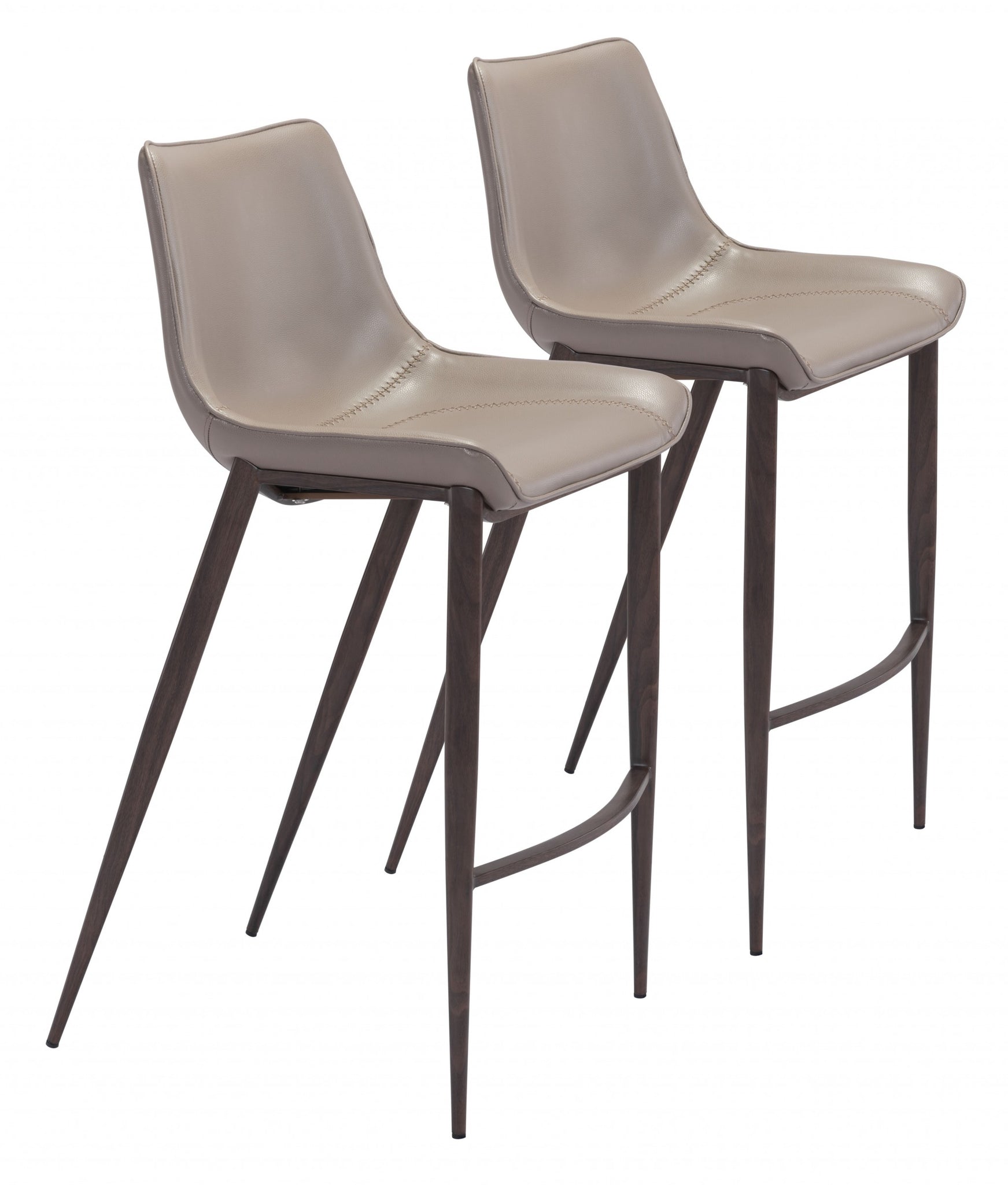 Gray Faux Leather and Dark Brown Steel Modern Stitch Bucket Bar Chairs