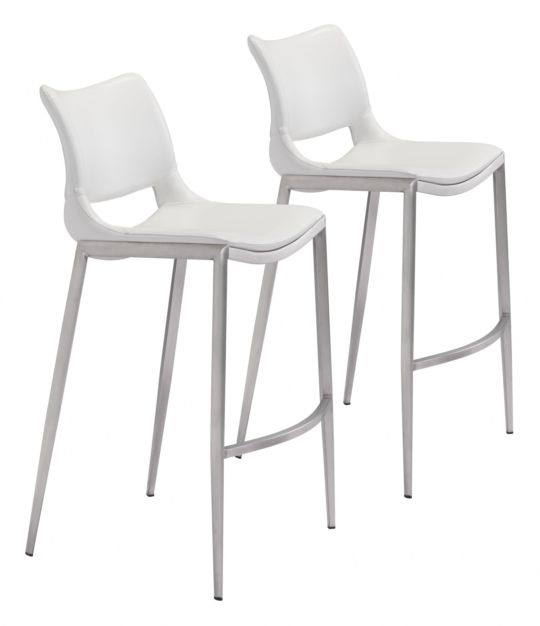 Set of Two White Faux Leather and Silver Mod Ergo Bar Chairs