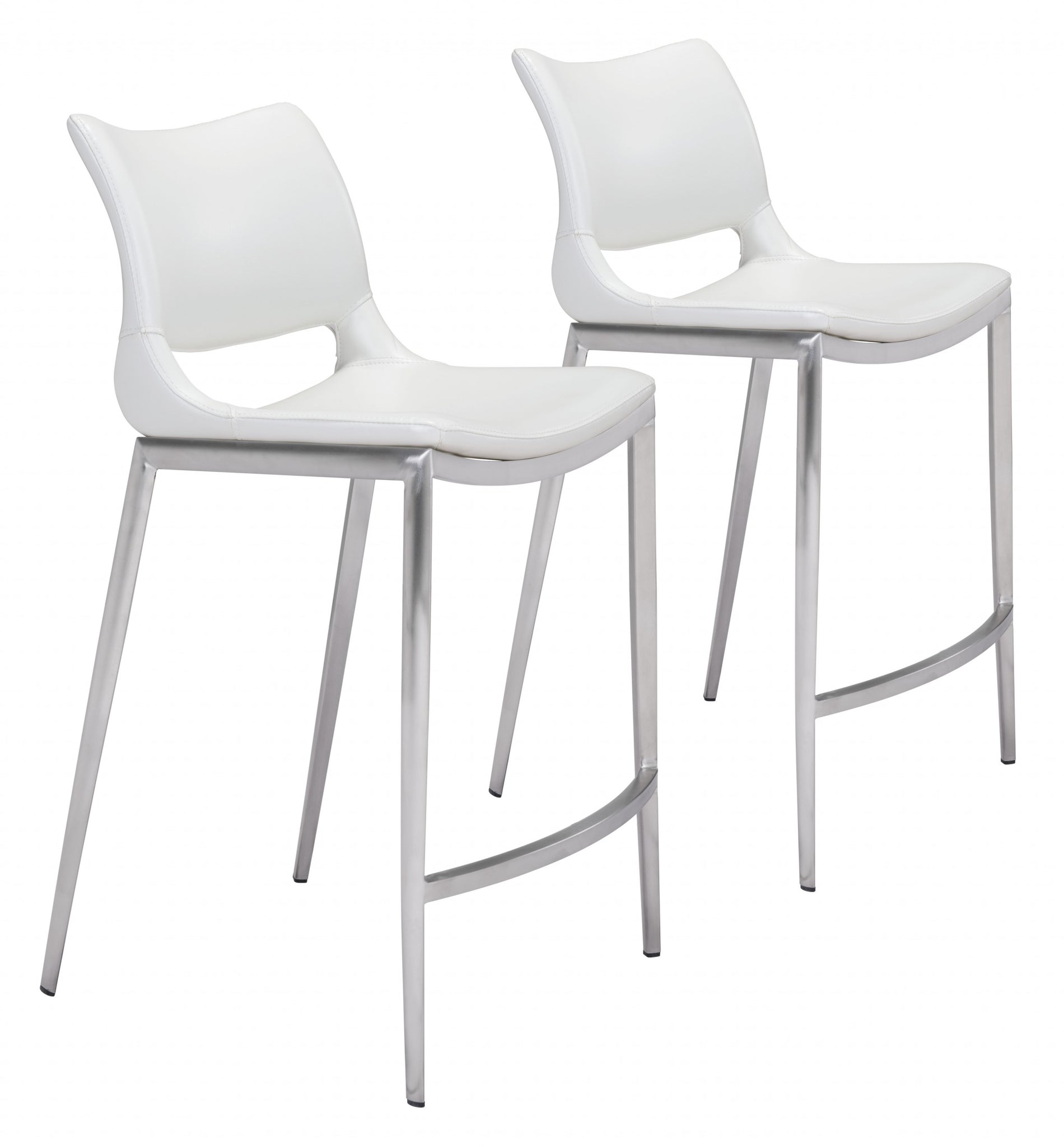 Set of Two White Faux Leather and Silver Mod Ergo Counter Chairs