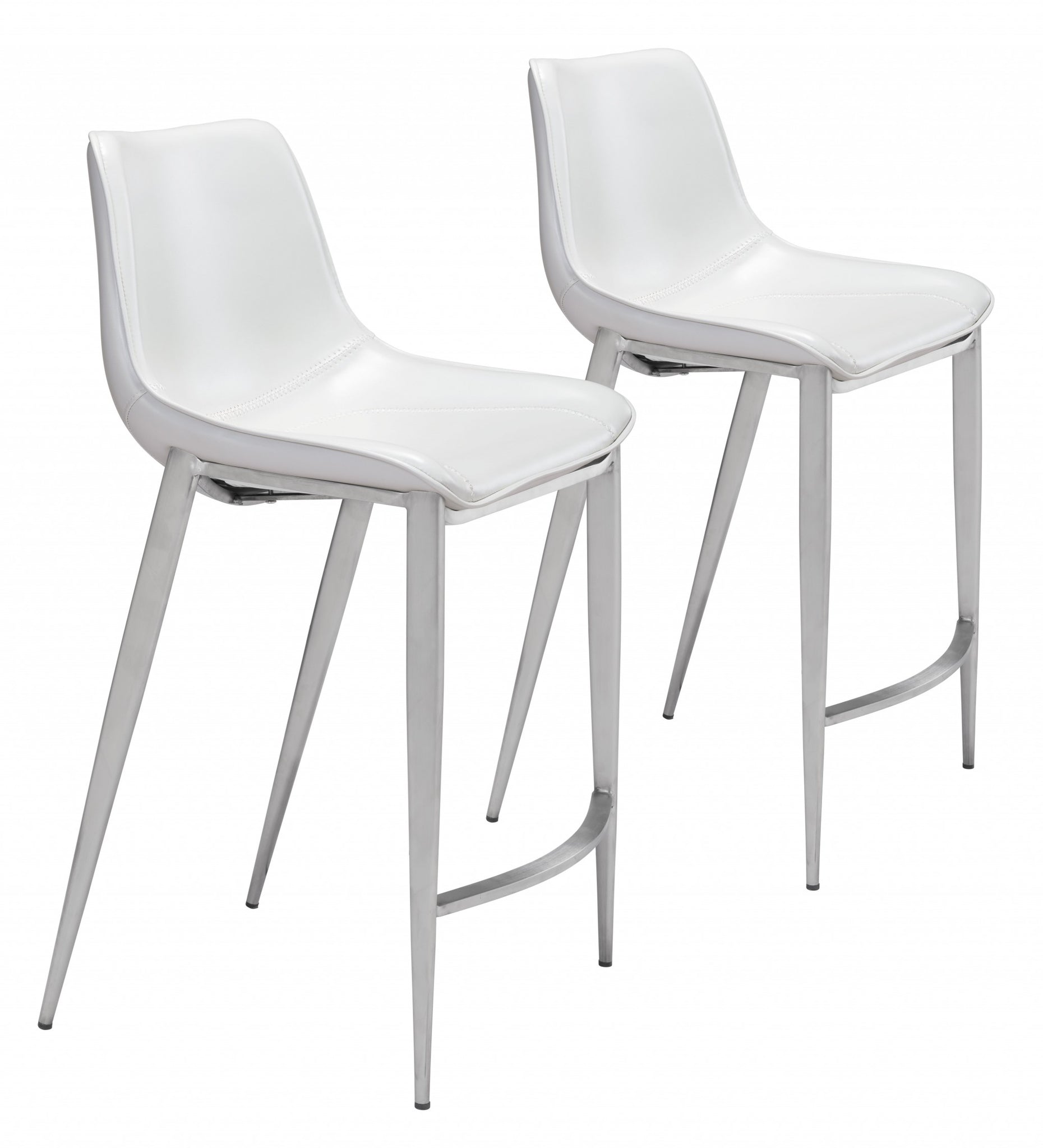 Set of Two White Faux Leather and Steel Modern Stitch Bucket Counter Chairs