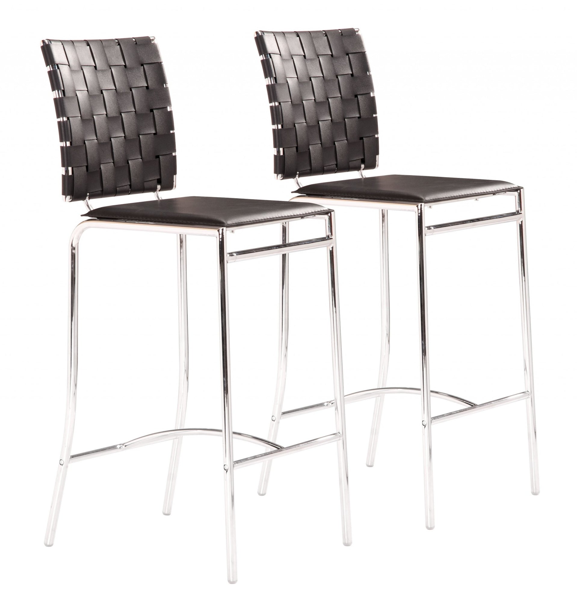 Set of Two Black Faux Leather and Steel Modern Basket Weave Counter Height Chairs