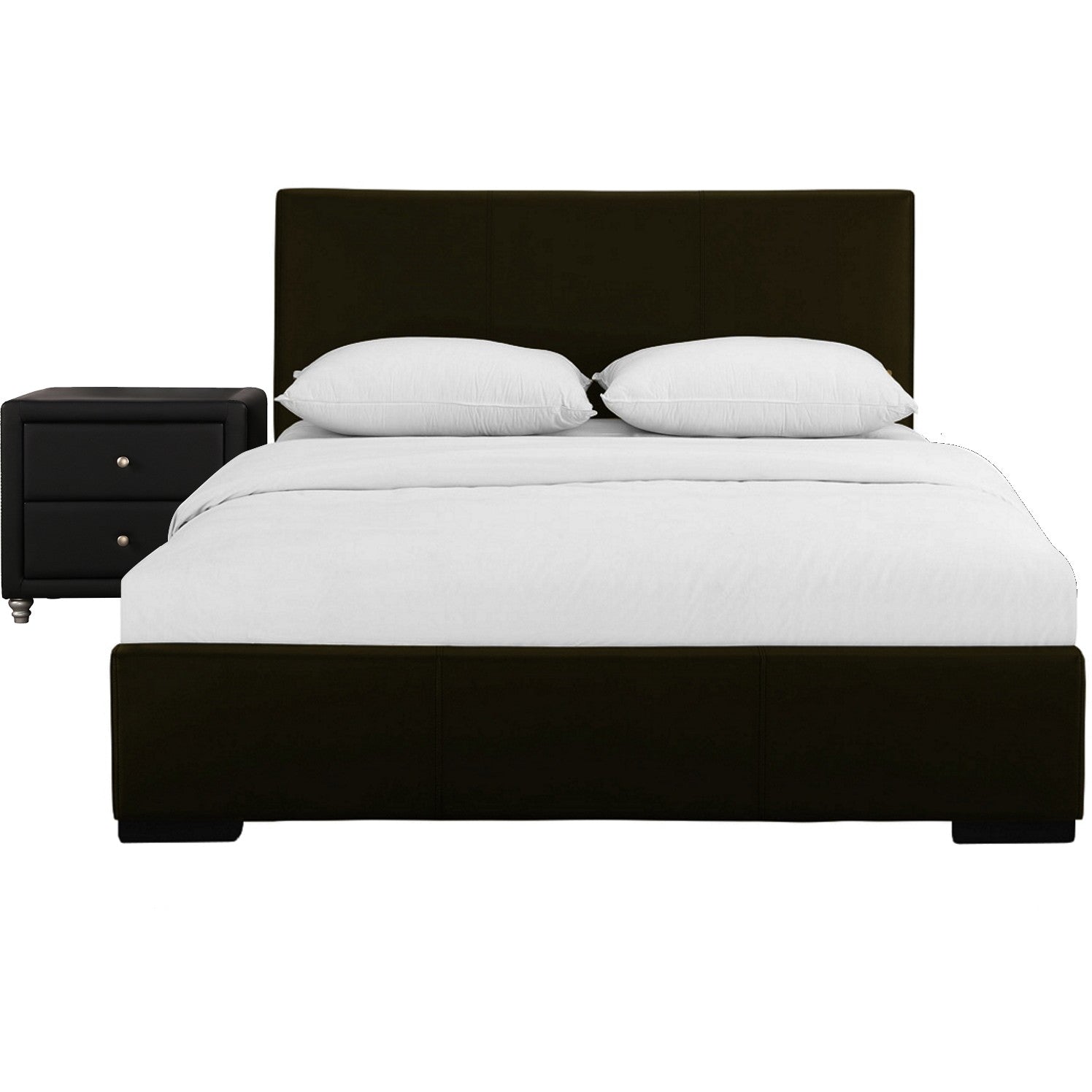 Brown Upholstered Full Platform Bed with Nightstand