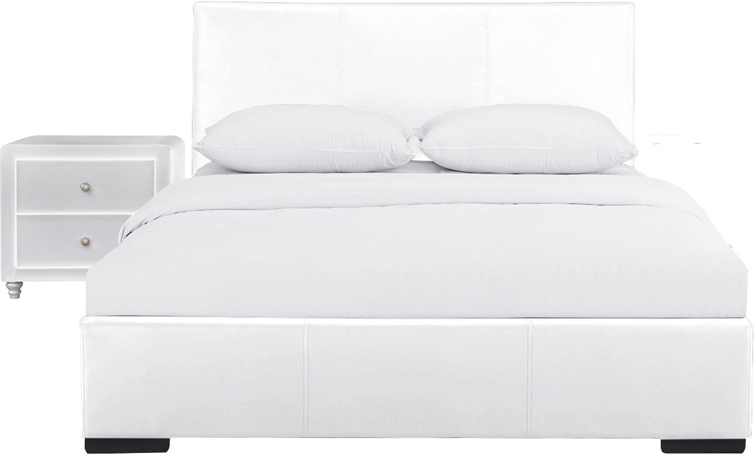 White Upholstered Full Platform Bed with Nightstand