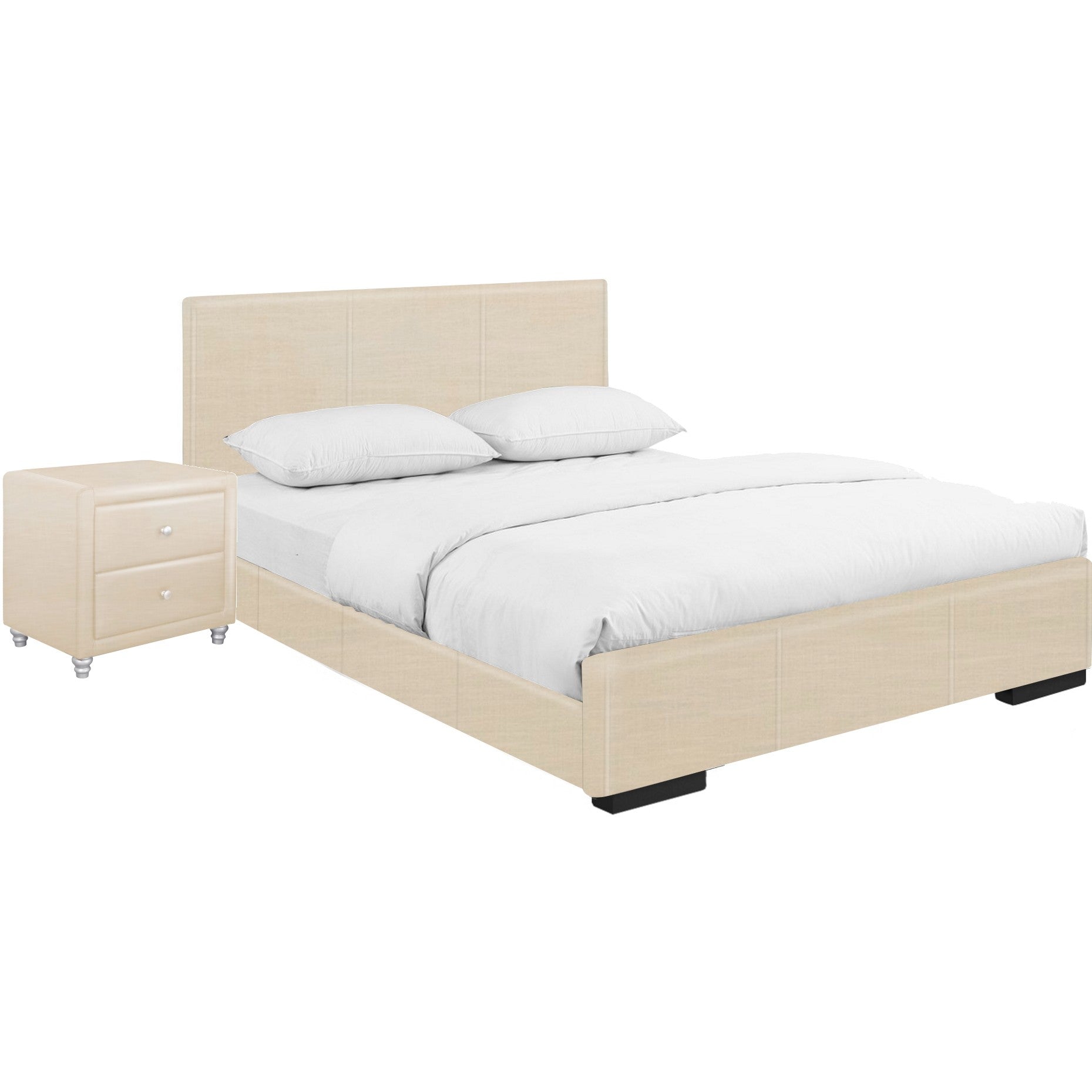 Beige Upholstered Full Platform Bed with Nightstand