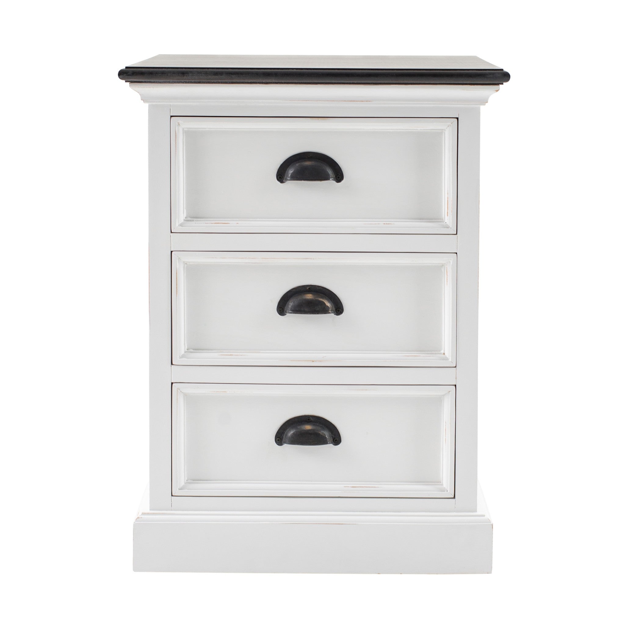 Distressed White and Deep Brown Three Drawer Nightstand