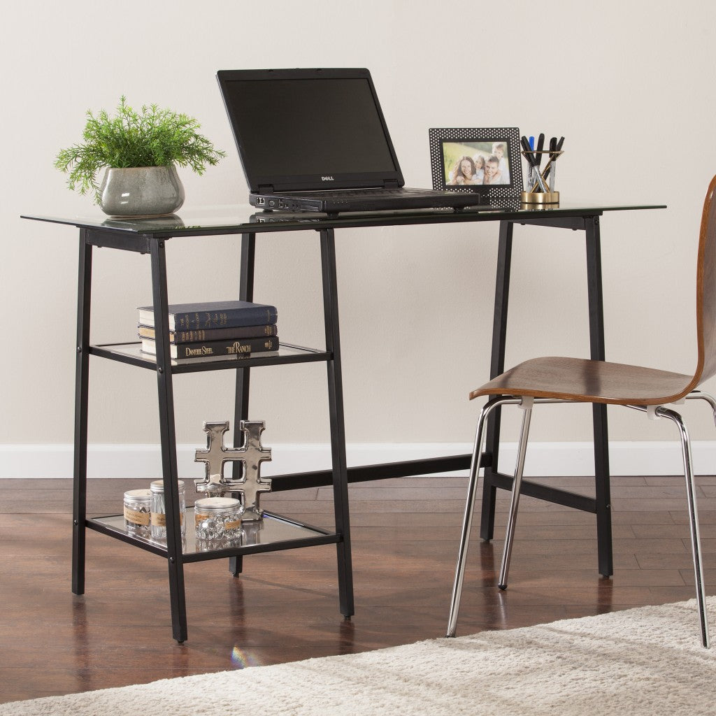 Black A Frame Metal and Glass Writing Desk