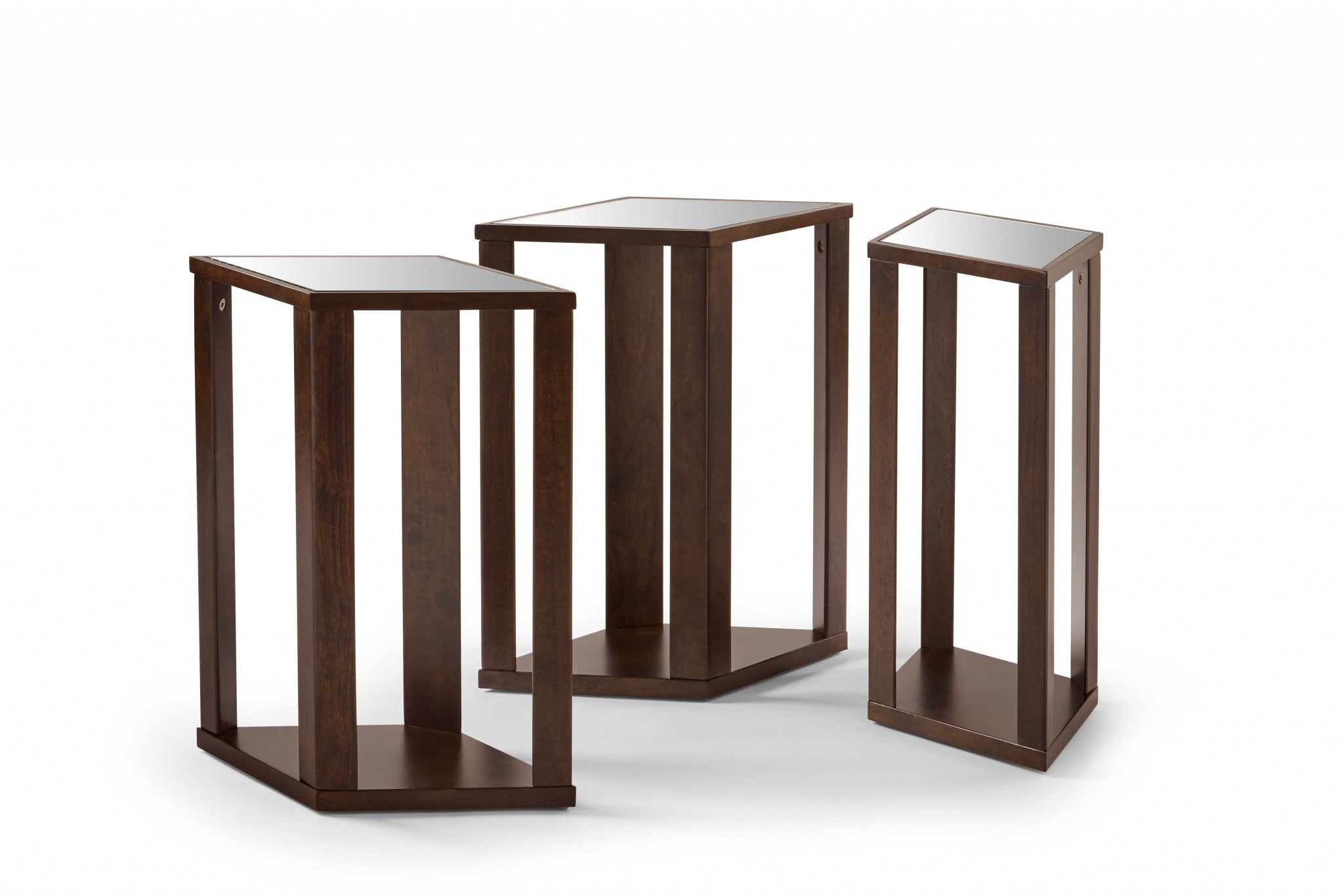 Set of Three Dark Brown Diamond Shape Modular Wood and Mirror End Tables