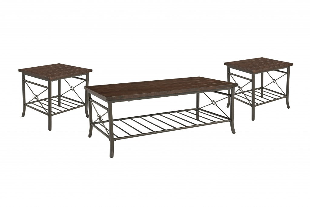 Brown Wood and Metal Coffee Table and End Tables Three Piece Set