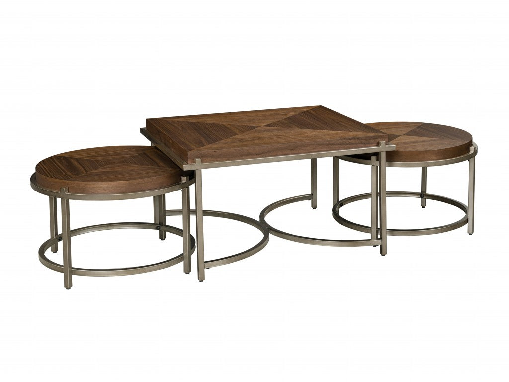 Brown Wood and Metal Geo Coffee Table and End Tables Three Piece Set