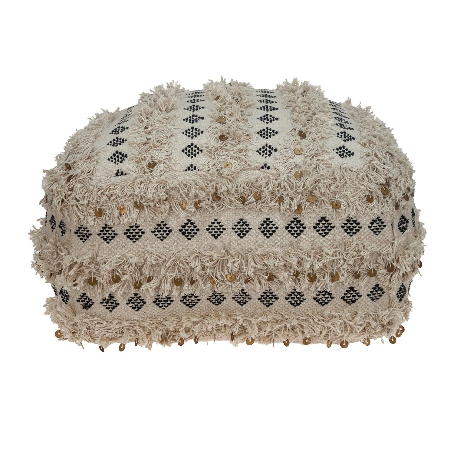 Boho Fringed Beige and Black Handwoven Pouff Ottoman