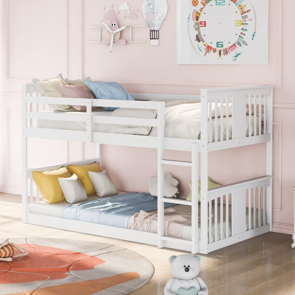 White Classic Twin Over Twin Bunk Bed with Ladder