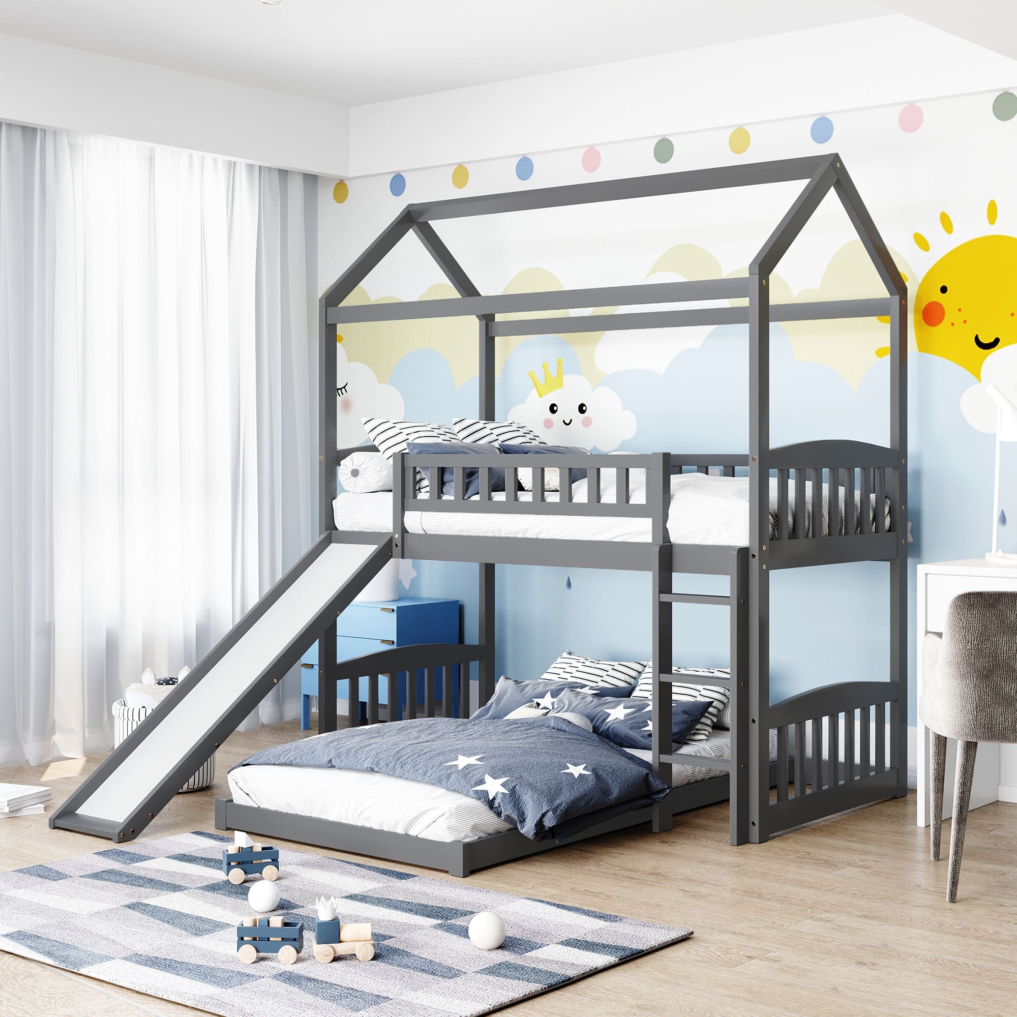 Gray Playhouse Frame Full Over Full Perpendicular Bunk Bed with Slide