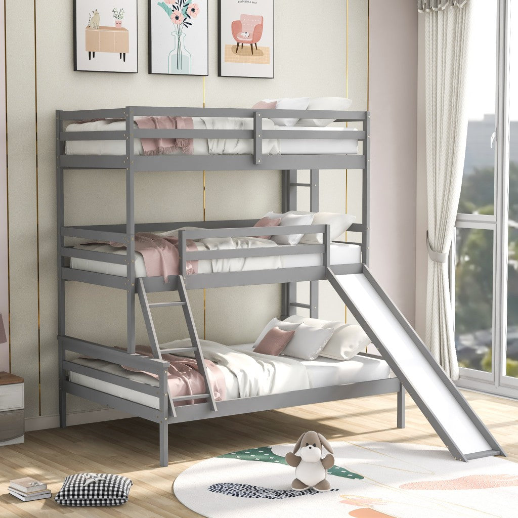 Gray Twin Over Twin Over Full Triple Bunk Bed with Slide