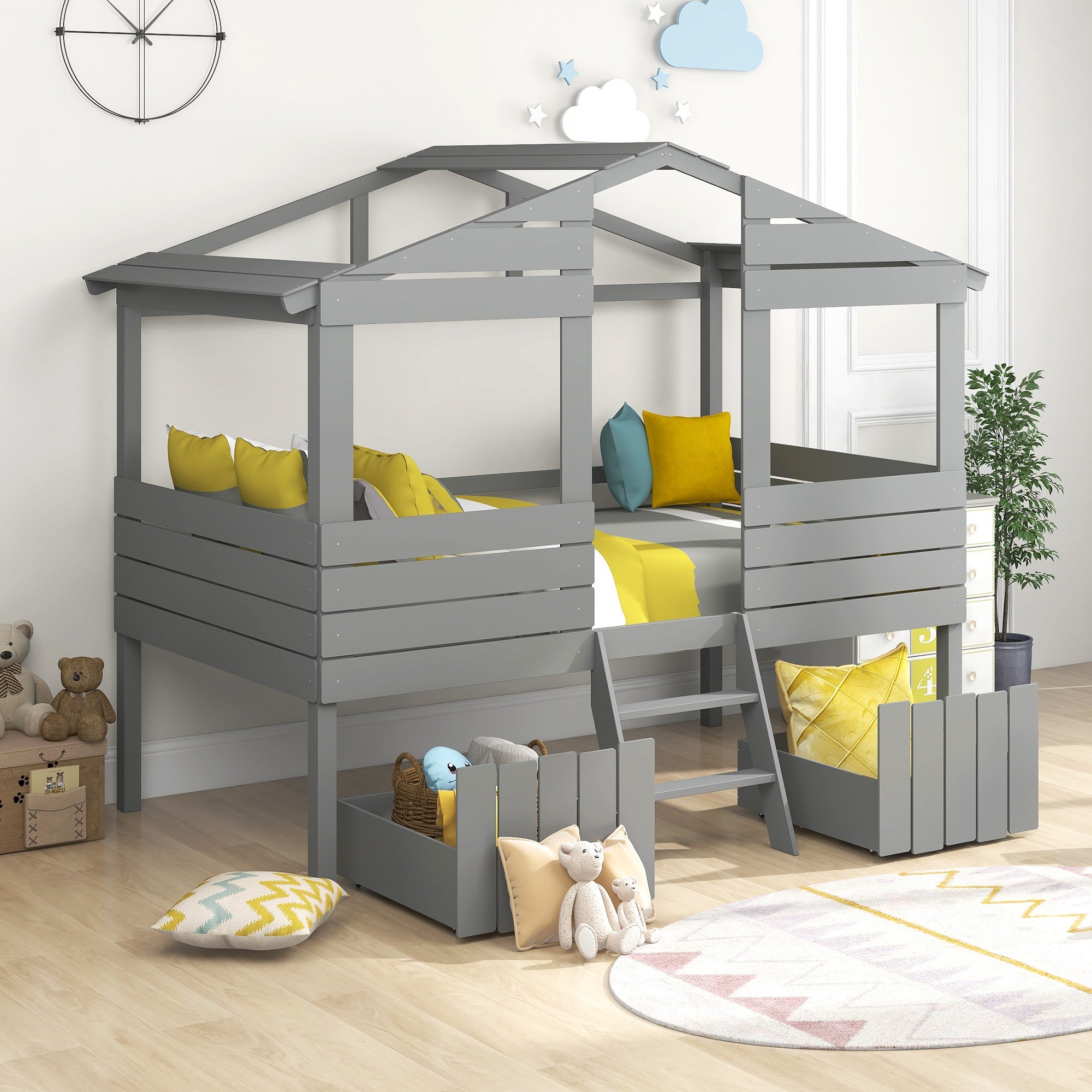 Gray Twin Size Loft Bed with Play House Roof and Two Drawers