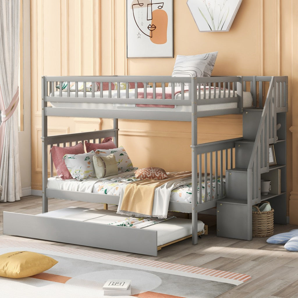 Gray Full Over Full Farmhouse Style Bunk Bed with Trundle and Staircase