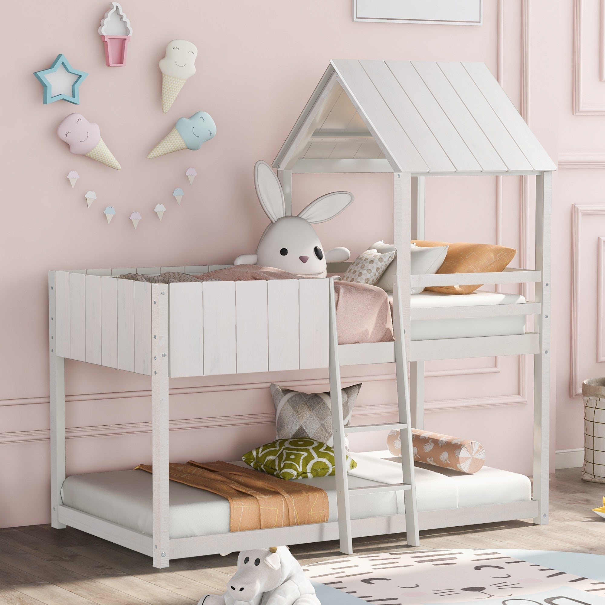 Wash White Double Twin Size Bunk Bed with Roof