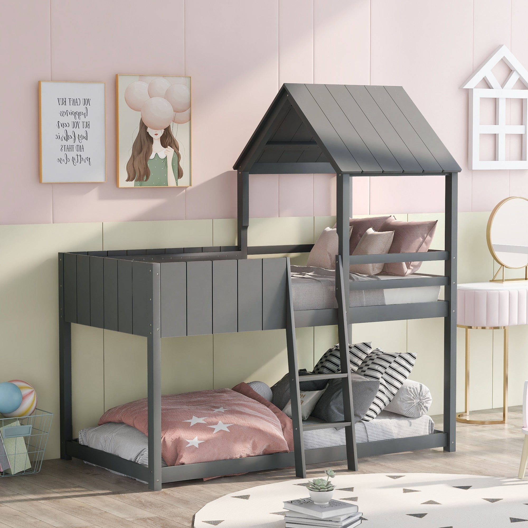 Gray Double Twin Size Bunk Bed with Roof