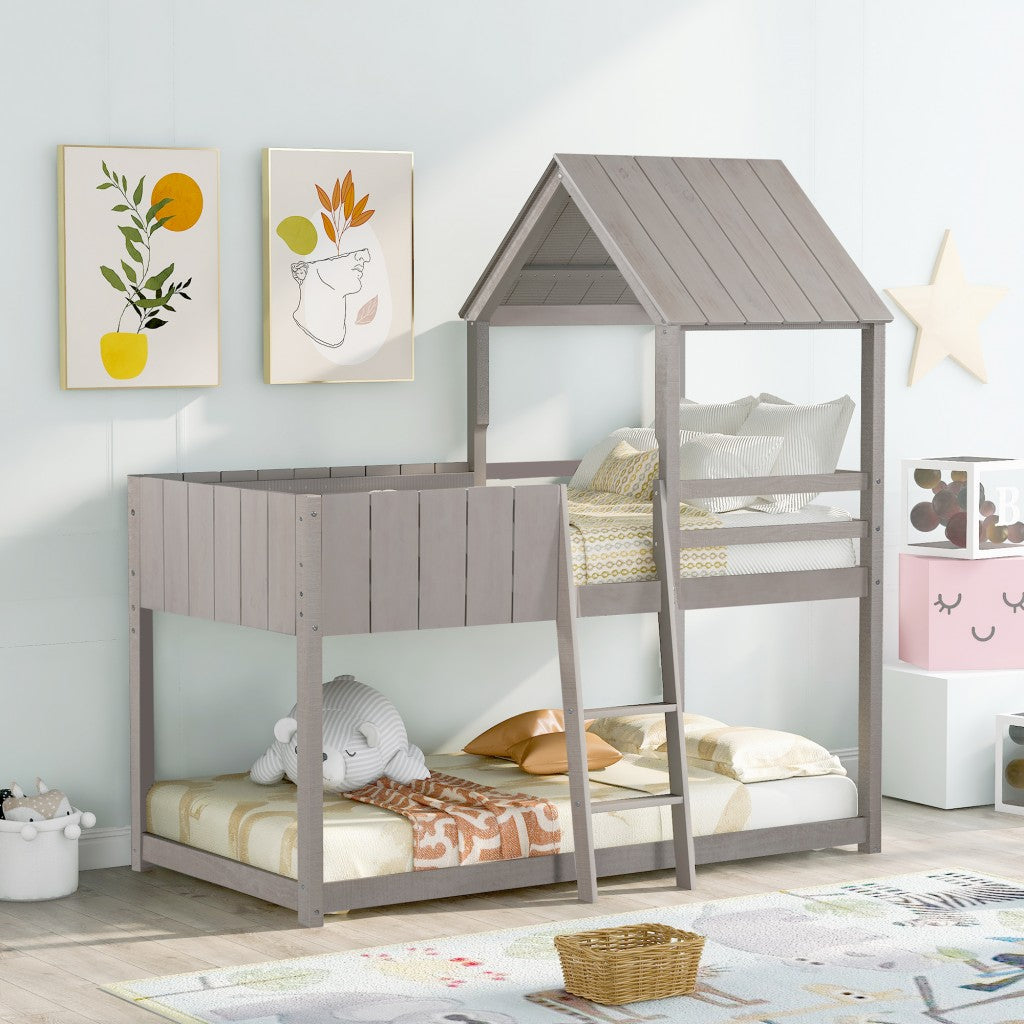 Wash Gray Double Twin Size Bunk Bed with Roof