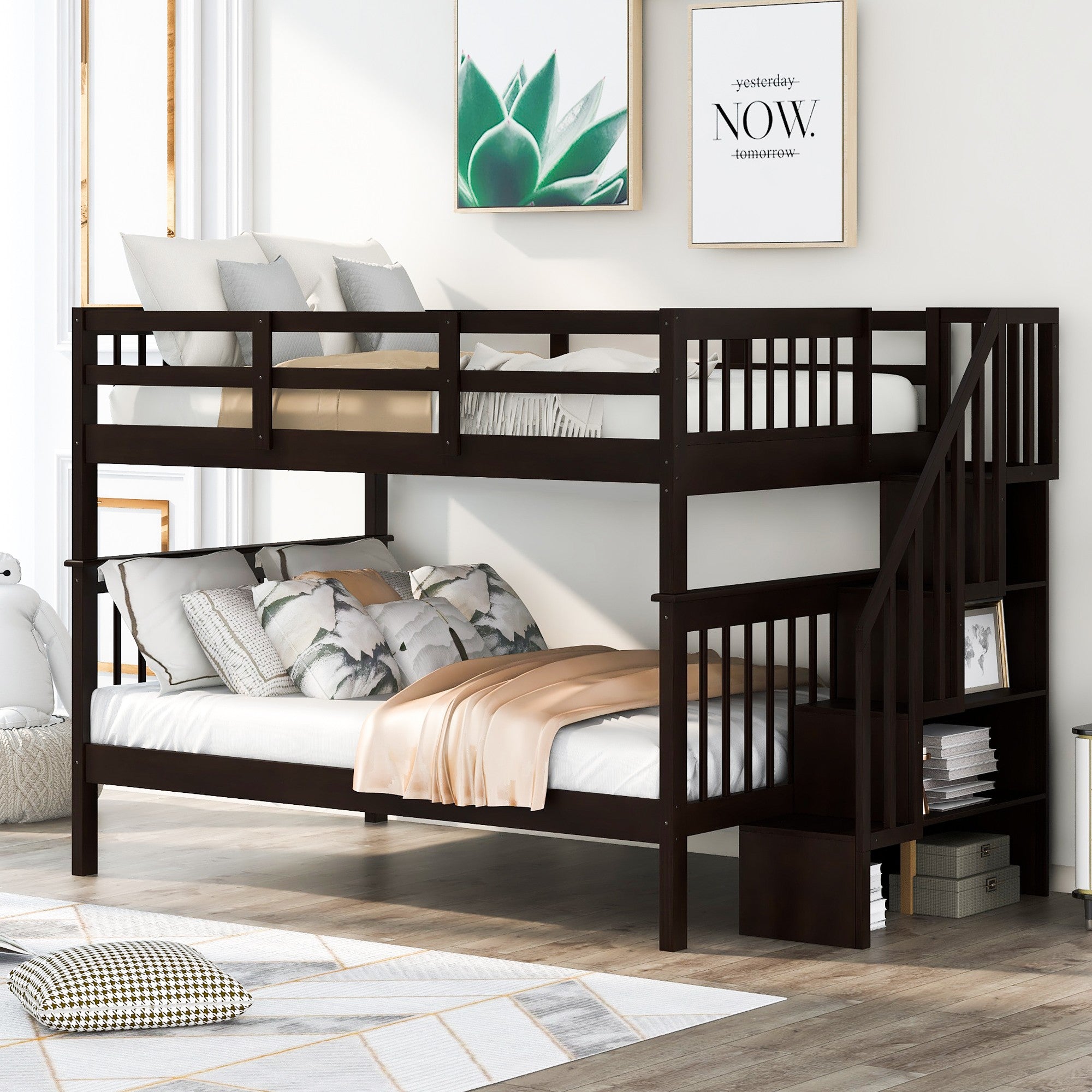 Brown Double Full Size Stairway Bunk Bed