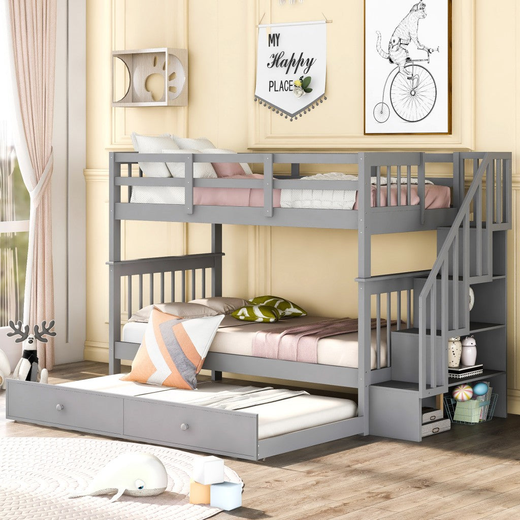 Gray Double Twin Size Stairway Bunk Bed