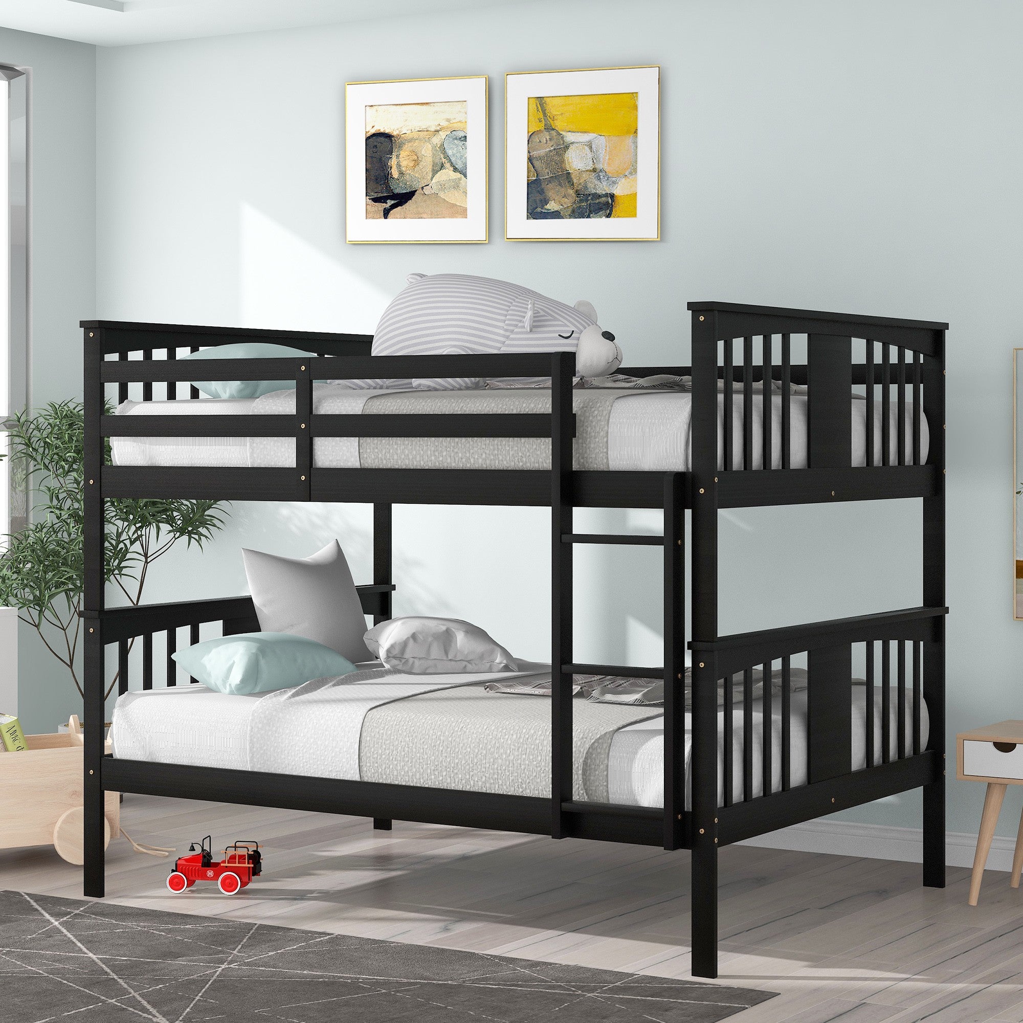 Full over Full Bunk Bed with  Ladder for Bedroom Guest Room Furniture-Espresso