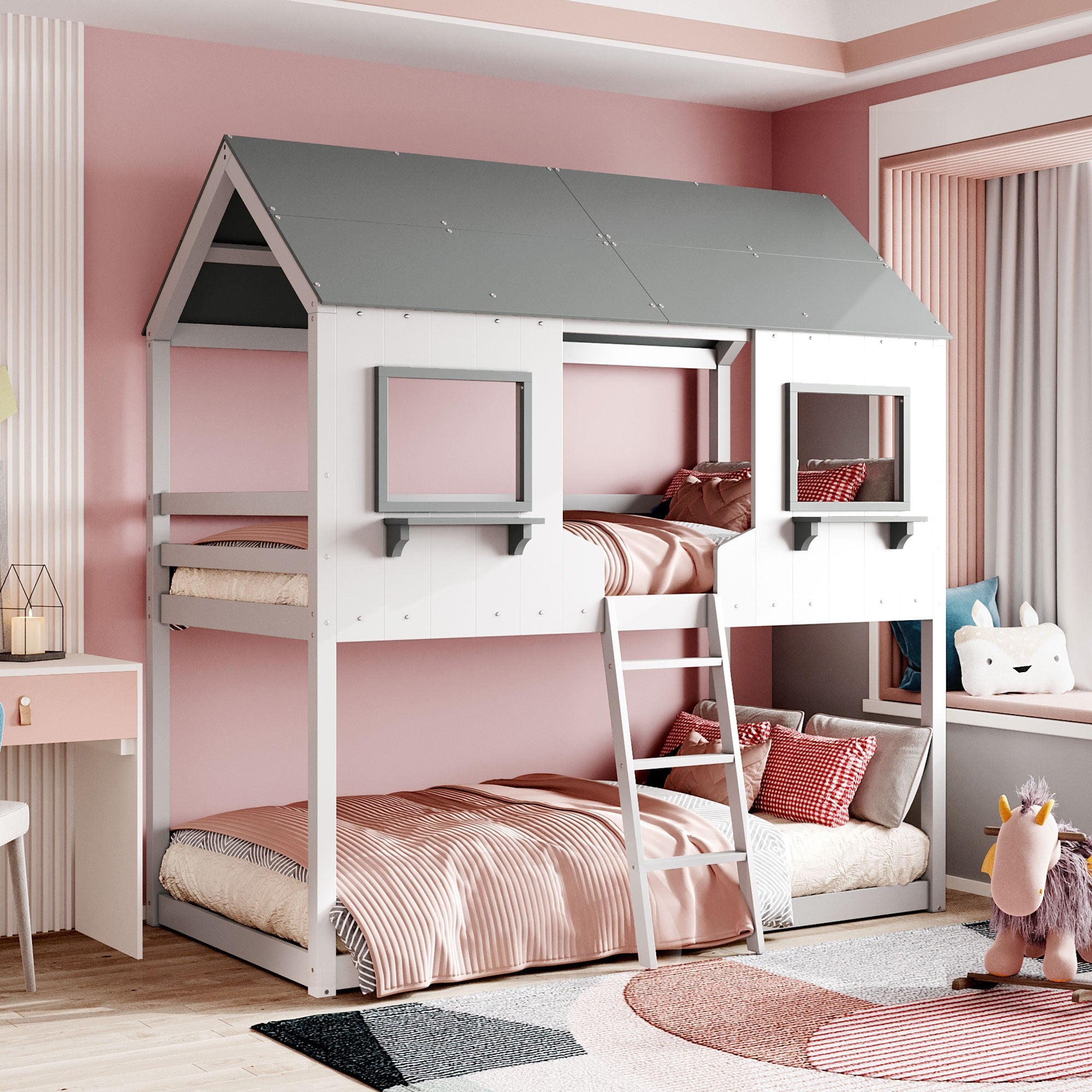 White and Dark Gray Twin Over Twin Doll House Bunk Bed