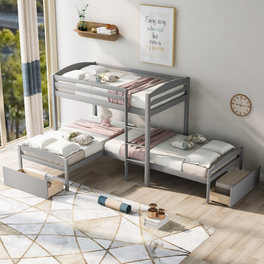 Gray L Shaped Triple Bunk Bed with Drawers