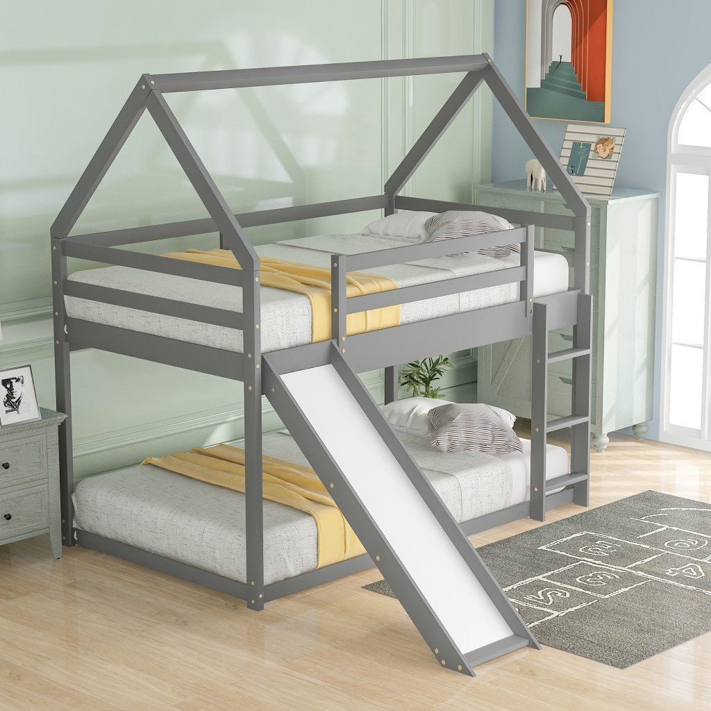 Gray Twin Over Twin House Bed with Slide and Ladder