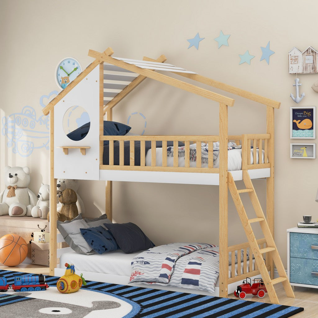 Natural and White Playhouse Inspired Twin over Twin Bunk Bed