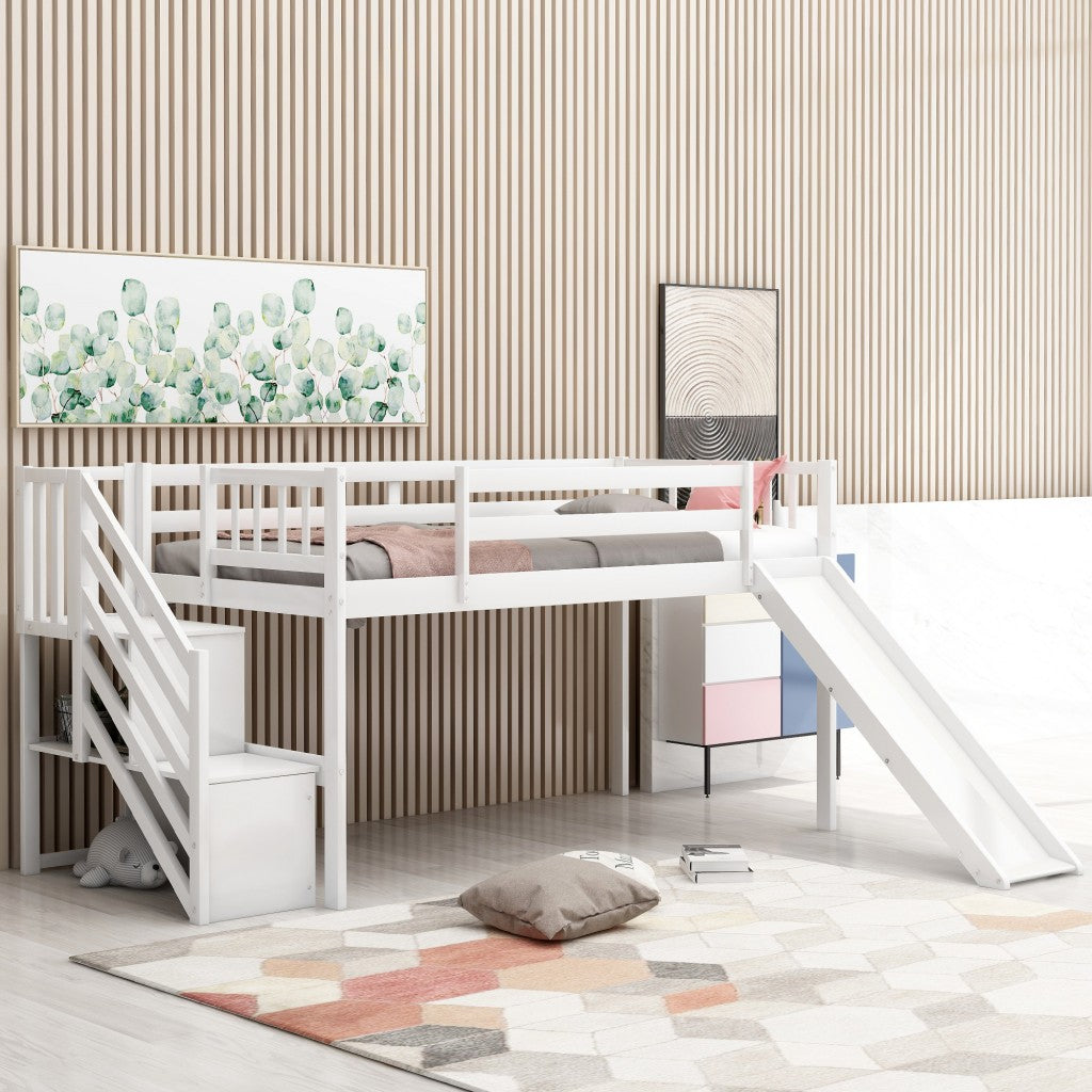 White Twin Size Low Loft Bed With Slide