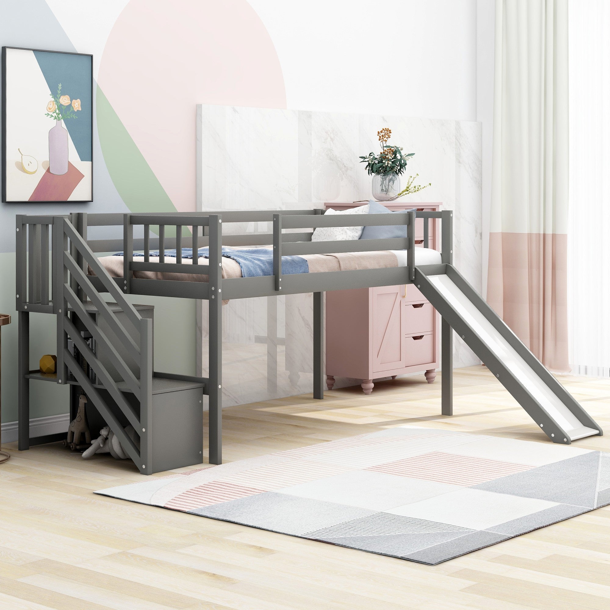 Gray Twin Size Low Loft Bed With Slide