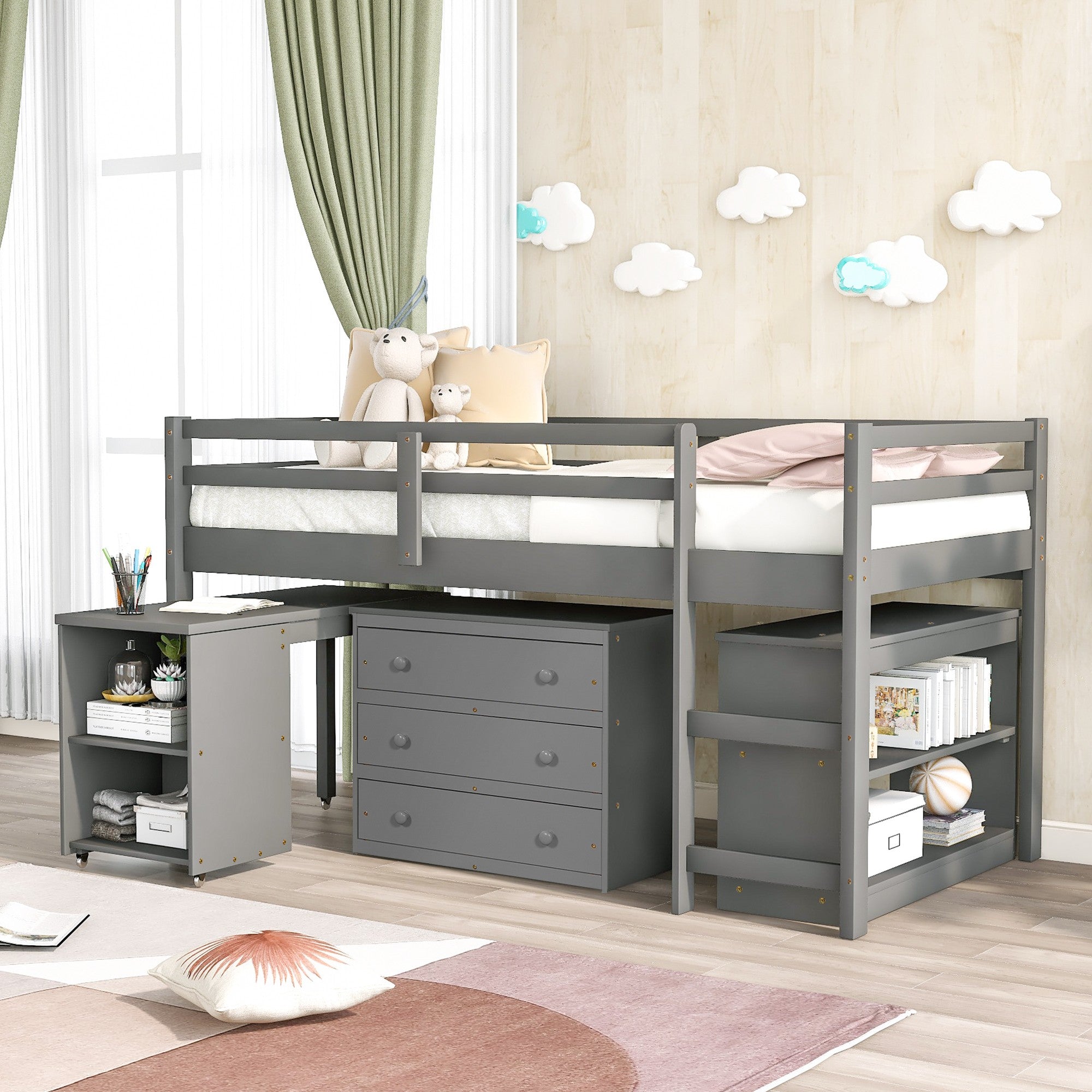 Gray Twin Size Low Loft Bed with Desk and Dresser