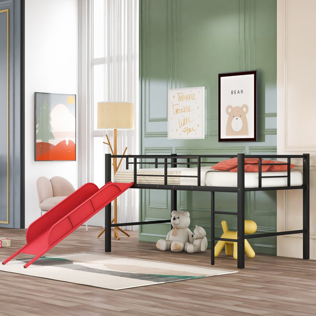 Black Twin Metal Loft Bed With Reinforced Red Slide