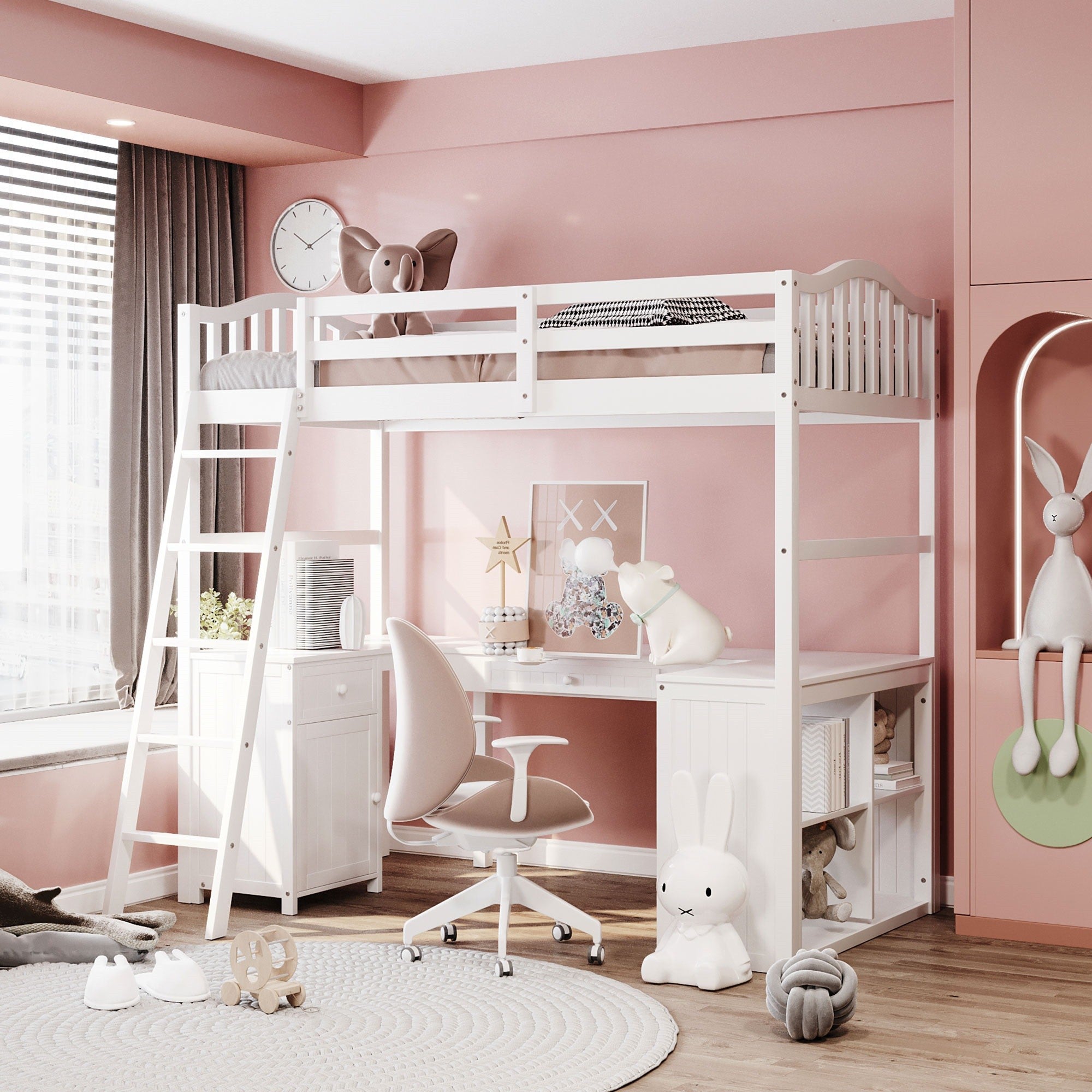 Modern Classic White Twin Loft Bed with Book Shelf  Desk and Cabinet